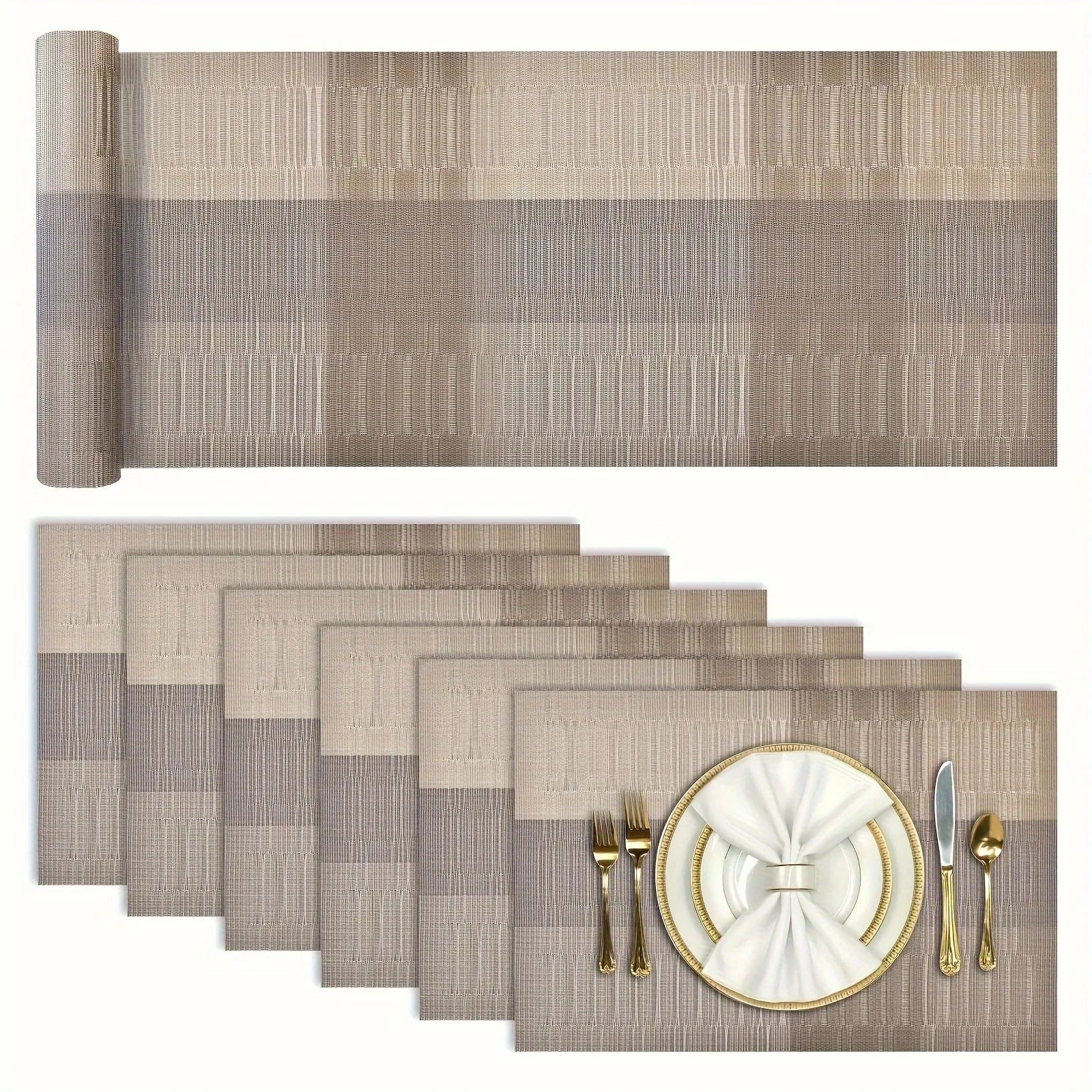 Non-slip PVC place mat in modern simple style, showing gradient bamboo black colour option on a kitchen counter.
