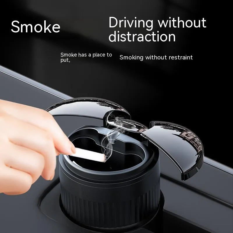 Automatic metal car ashtray with lid in black, silver, green, or red, measuring 113mm by 72mm.