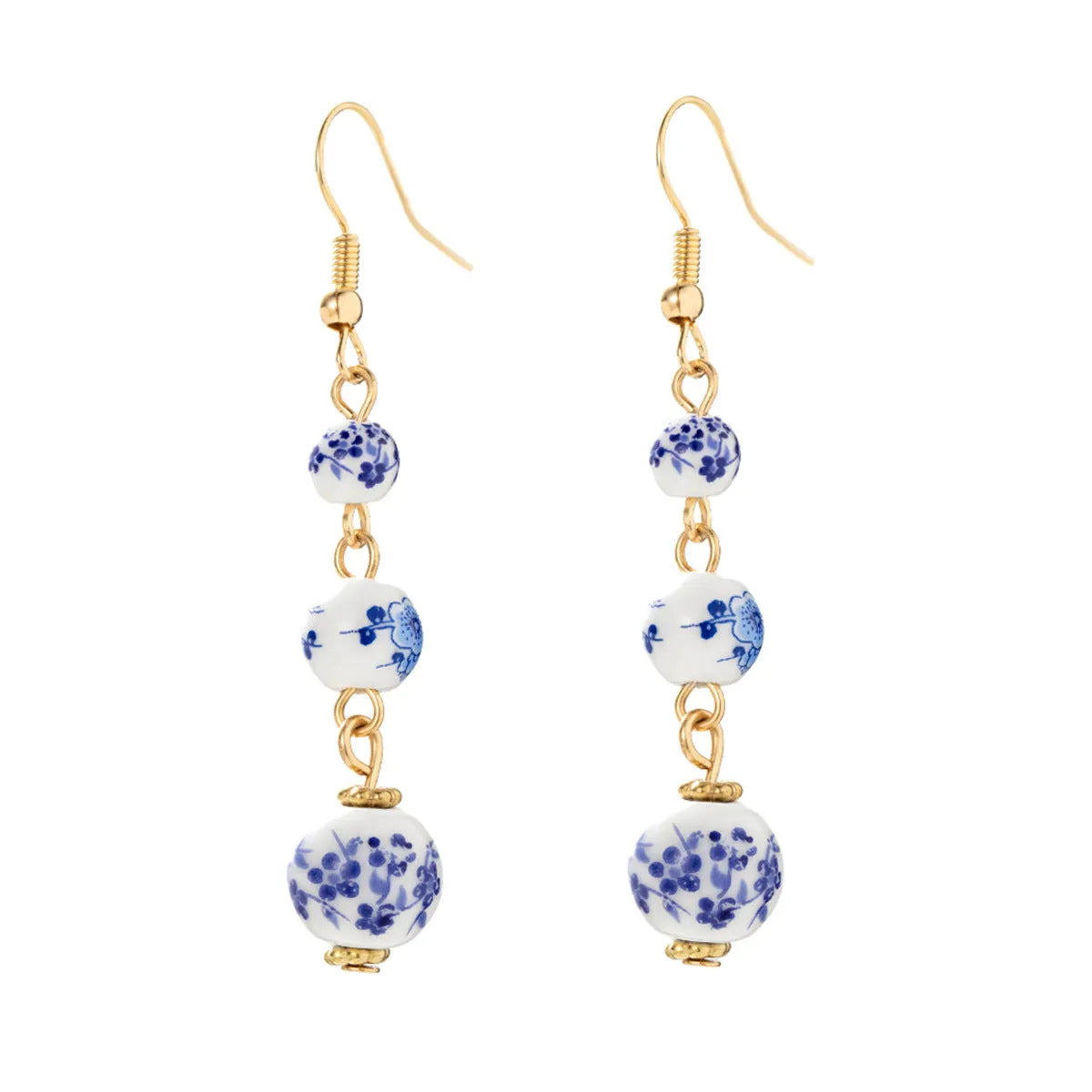 Chinese blue and white porcelain ceramic bead drop earrings with geometric round design