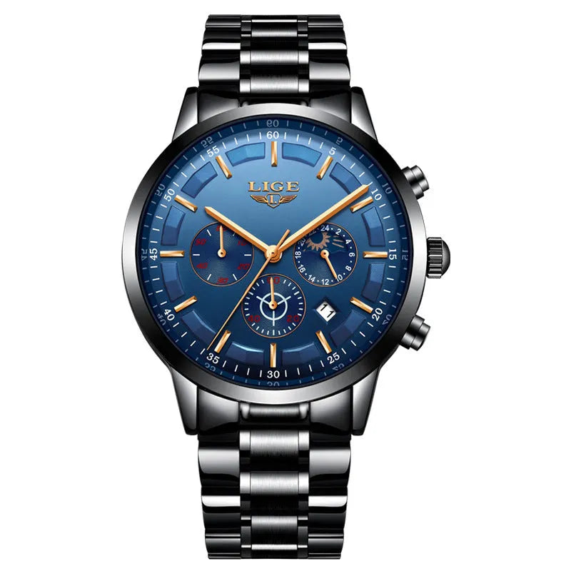 Men's waterproof quartz sports watch showing 12mm thickness and available colour combinations