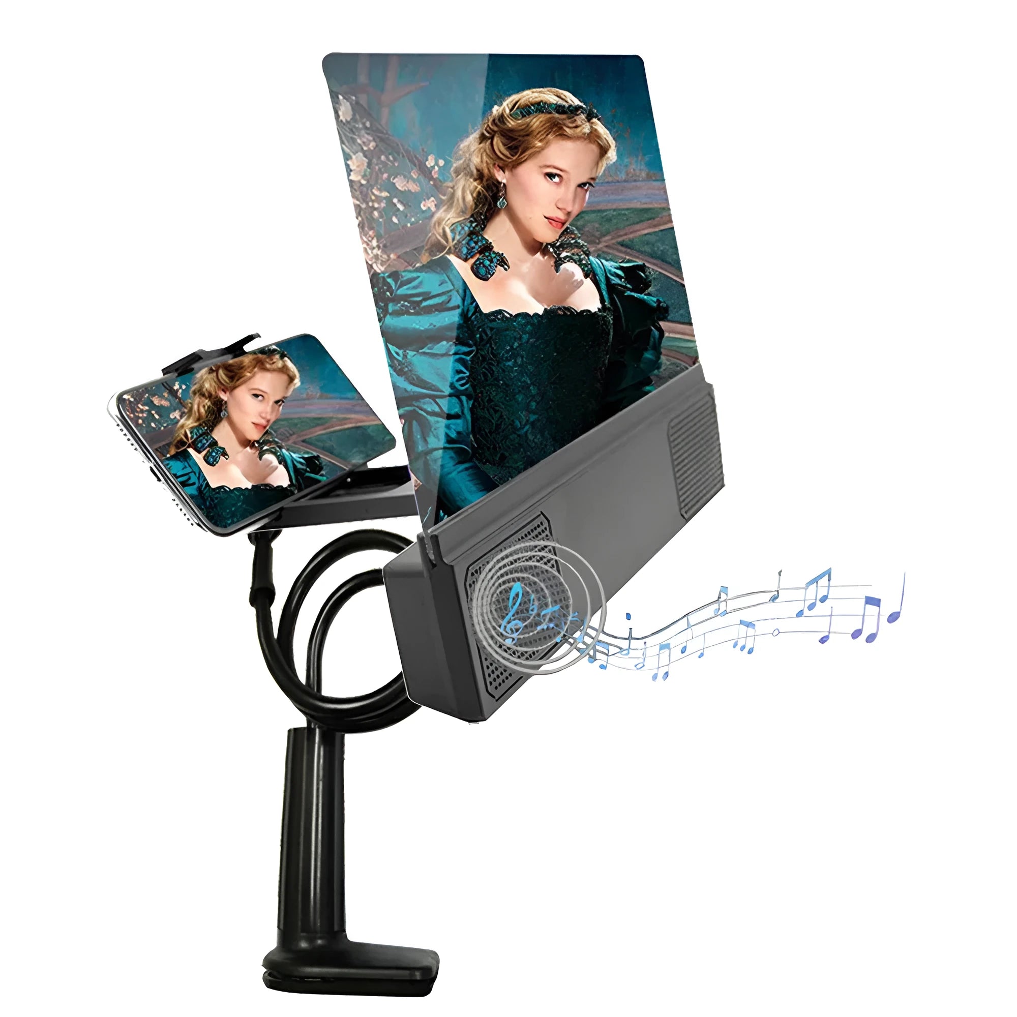12-inch mobile phone screen amplifier with flexible stand and built-in speaker on a table