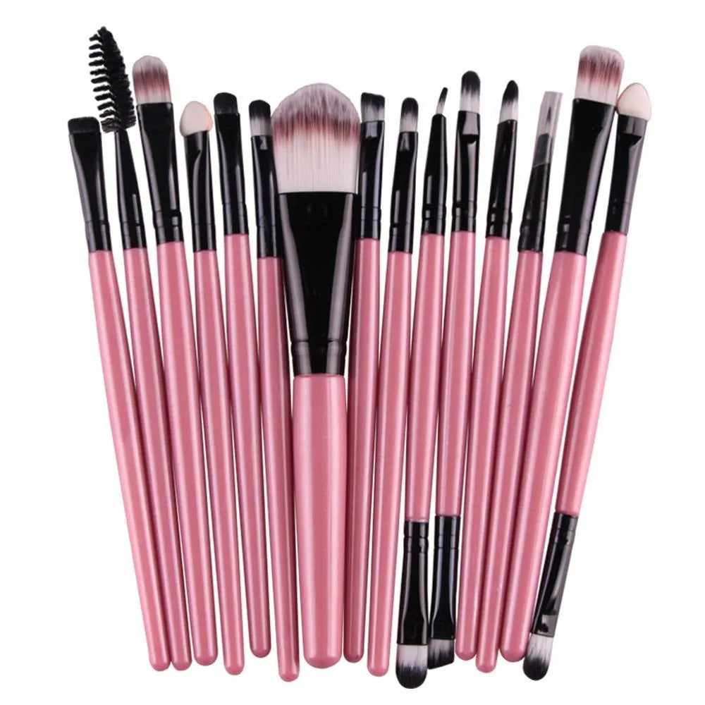 MAANGE 18-piece makeup brush set with fan-shaped cosmetic tools laid out on a table.