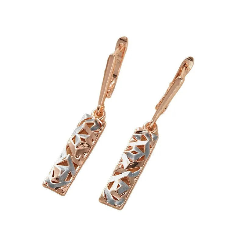 Rectangular two-tone hollow stud earrings for women with electroplated alloy construction