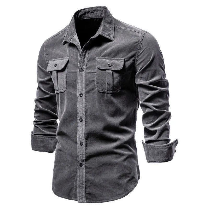 Men's blue linen long-sleeve casual shirt showing front view on hanger.