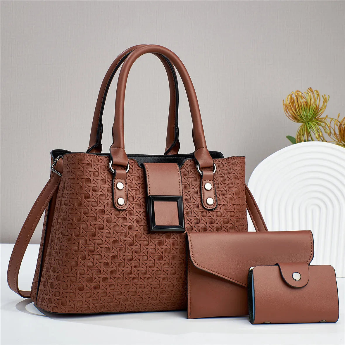 Textured weave design women's crossbody bag in apricot colour, showing internal organiser compartments.