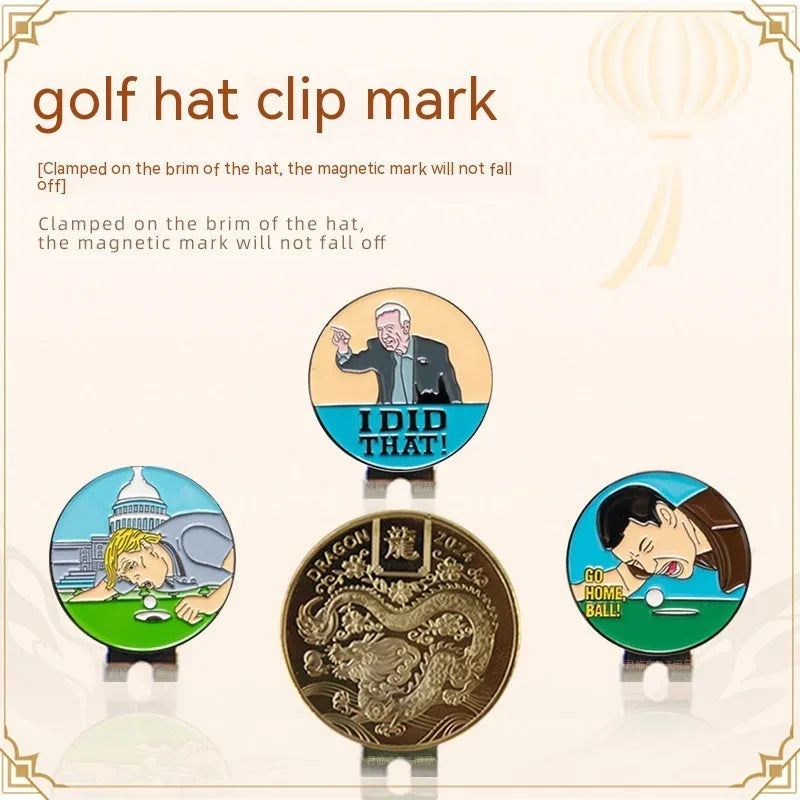 Zinc alloy golf hat clip with engraved Dragon Year design on a cap brim.