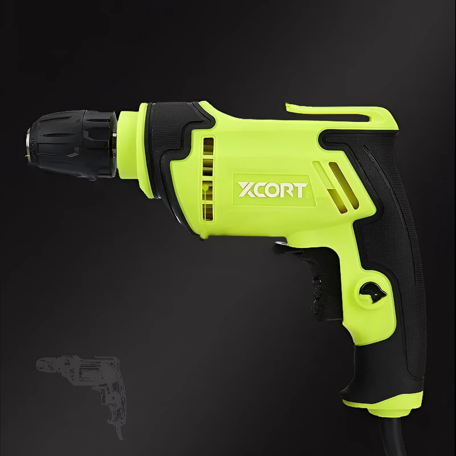 Pistol-grip electric drill with 450W power rating and 10mm chuck on a workbench.
