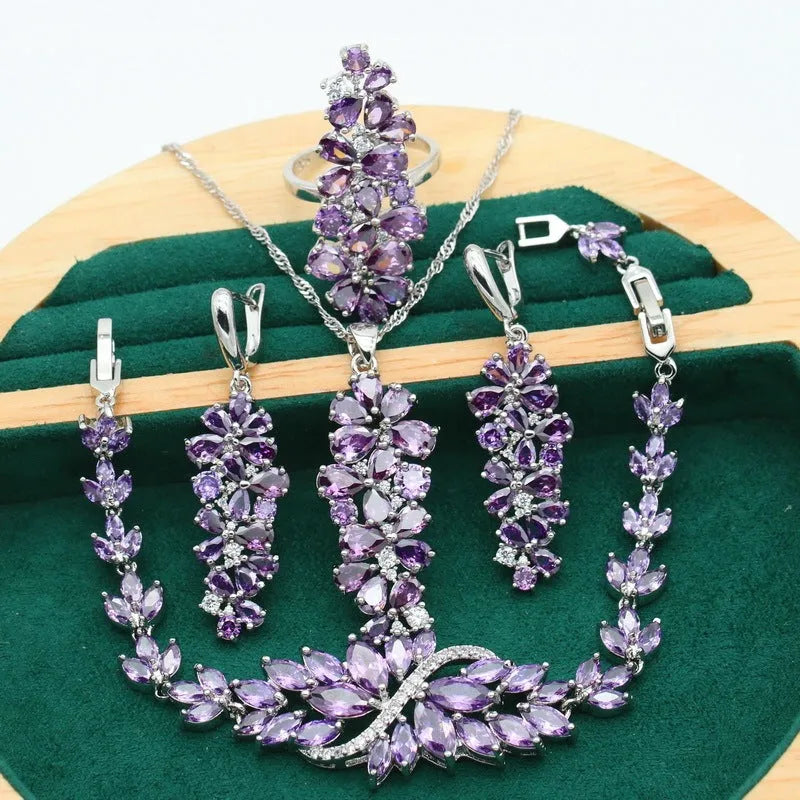 Retro botanical jewellery set with plants pattern in alloy and copper with zircon stones