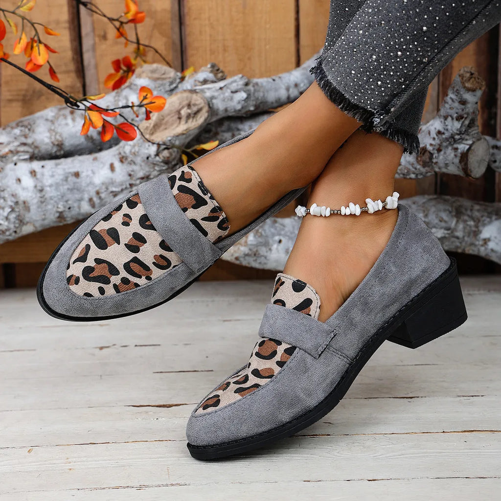 Women's leopard print suede slip-on shoes with pointed toe and chunky mid heel