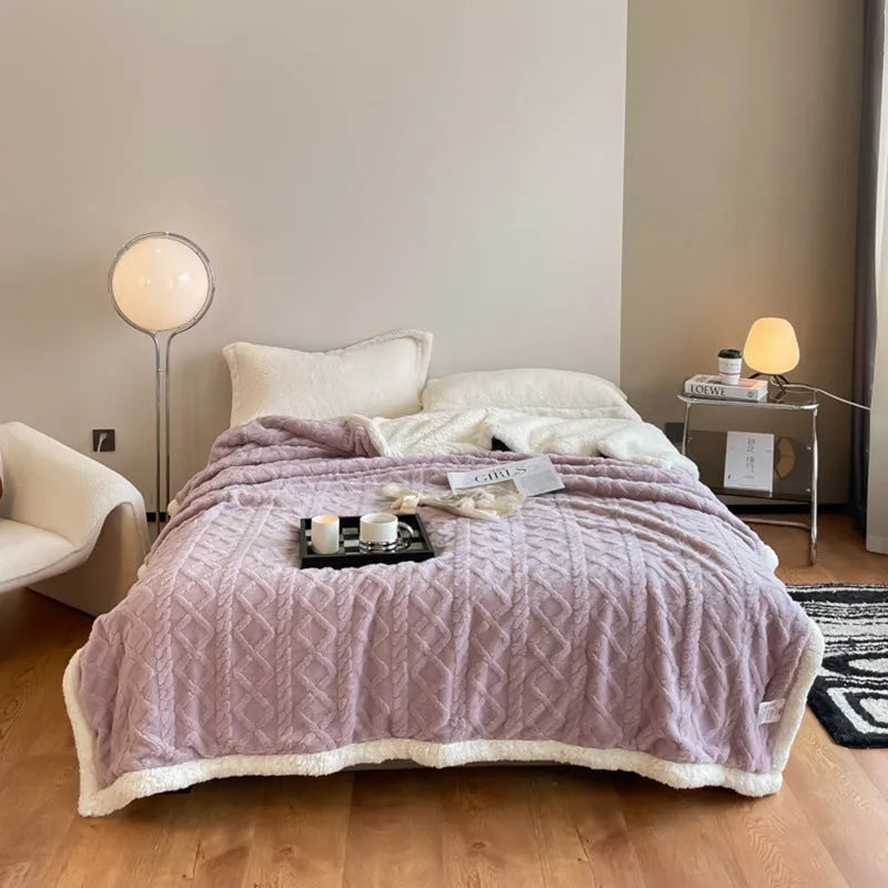 Polyester thermal flannel winter blanket in beige colour, laid flat showing its 180x200cm size and textured fabric.