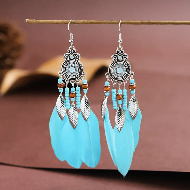 Round drop feather earrings with leaf pattern in Bohemian style, electroplated alloy in various colour options