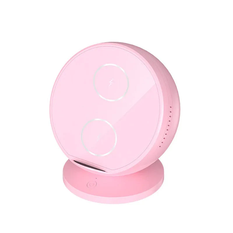 Black mobile phone wireless charging holder with integrated Bluetooth speaker showing phone display angle