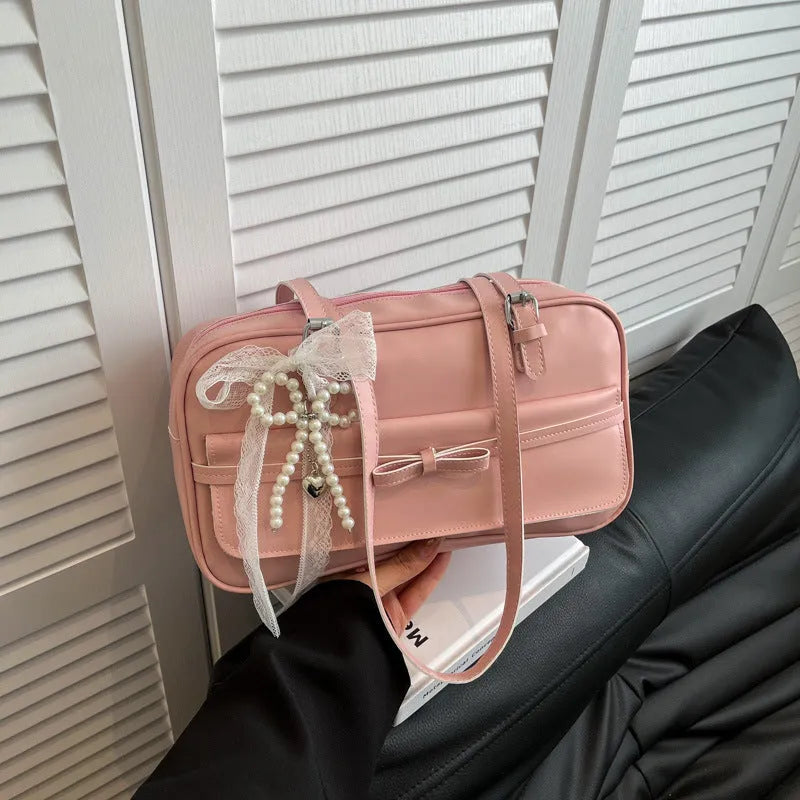 PU leather single-shoulder flap bag in urban simplicity style with bow stitching decoration