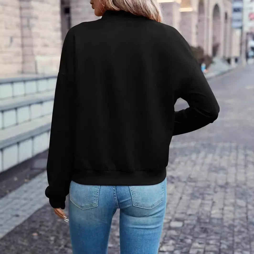 Black women's casual zip jacket with long sleeves and faux pockets