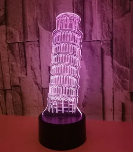 Leaning Tower of Pisa 3D acrylic nightlight glowing in blue on a black ABS base