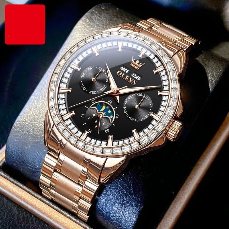 Men's stainless steel automatic watch with diamond dial and transparent case back.