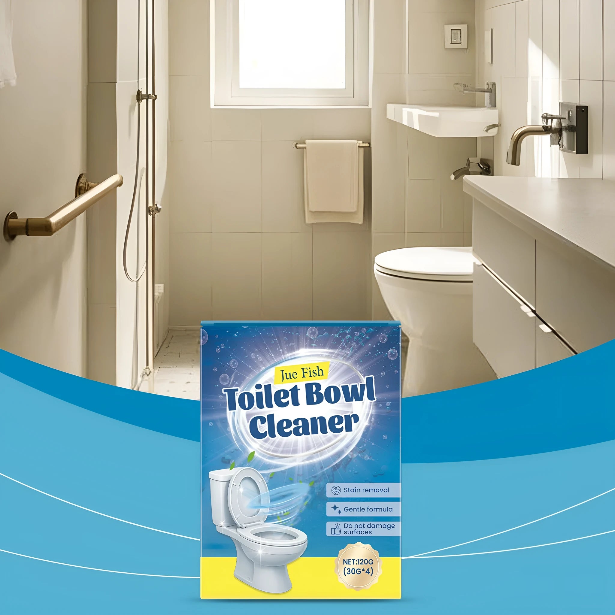 Four sachets of toilet cleaning powder with sodium bicarbonate and citric acid for descaling