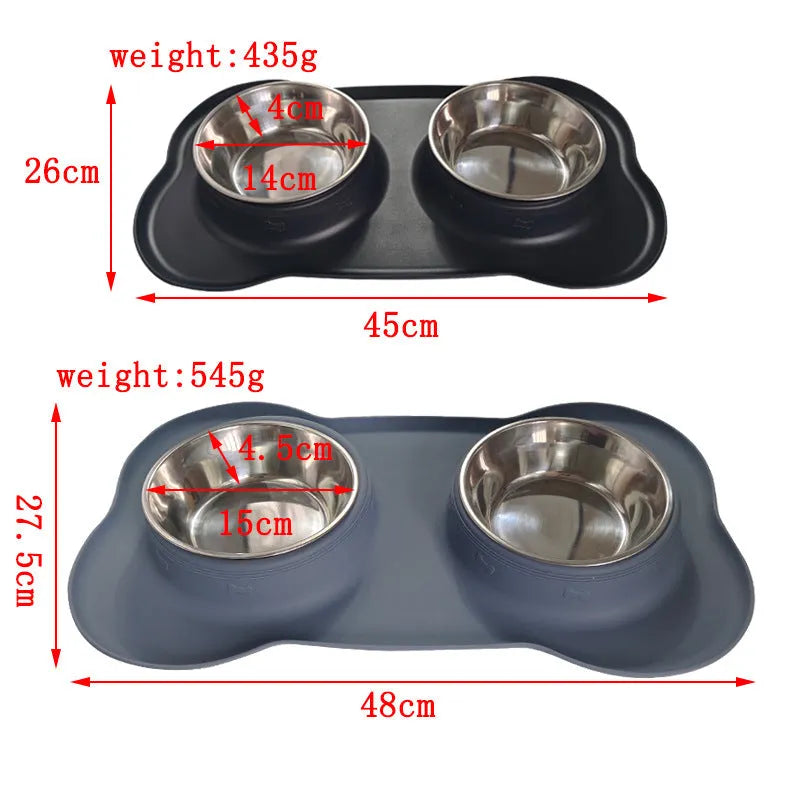 Large double dog bowl with stainless steel inserts in a grey silicone tray for two dogs.