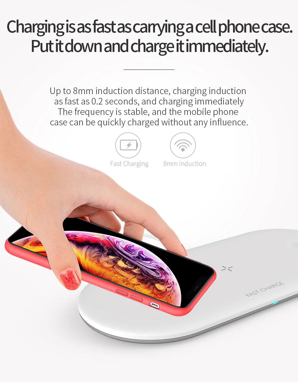 White 3-in-1 desktop wireless charger for Apple iPhone, watch and headphones on a wooden desk