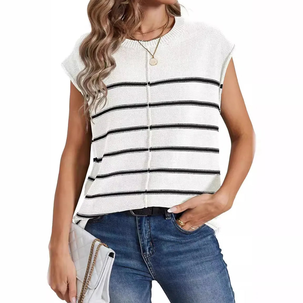 Women's striped sleeveless vest pullover top with bone stitch detail in apricot colour.