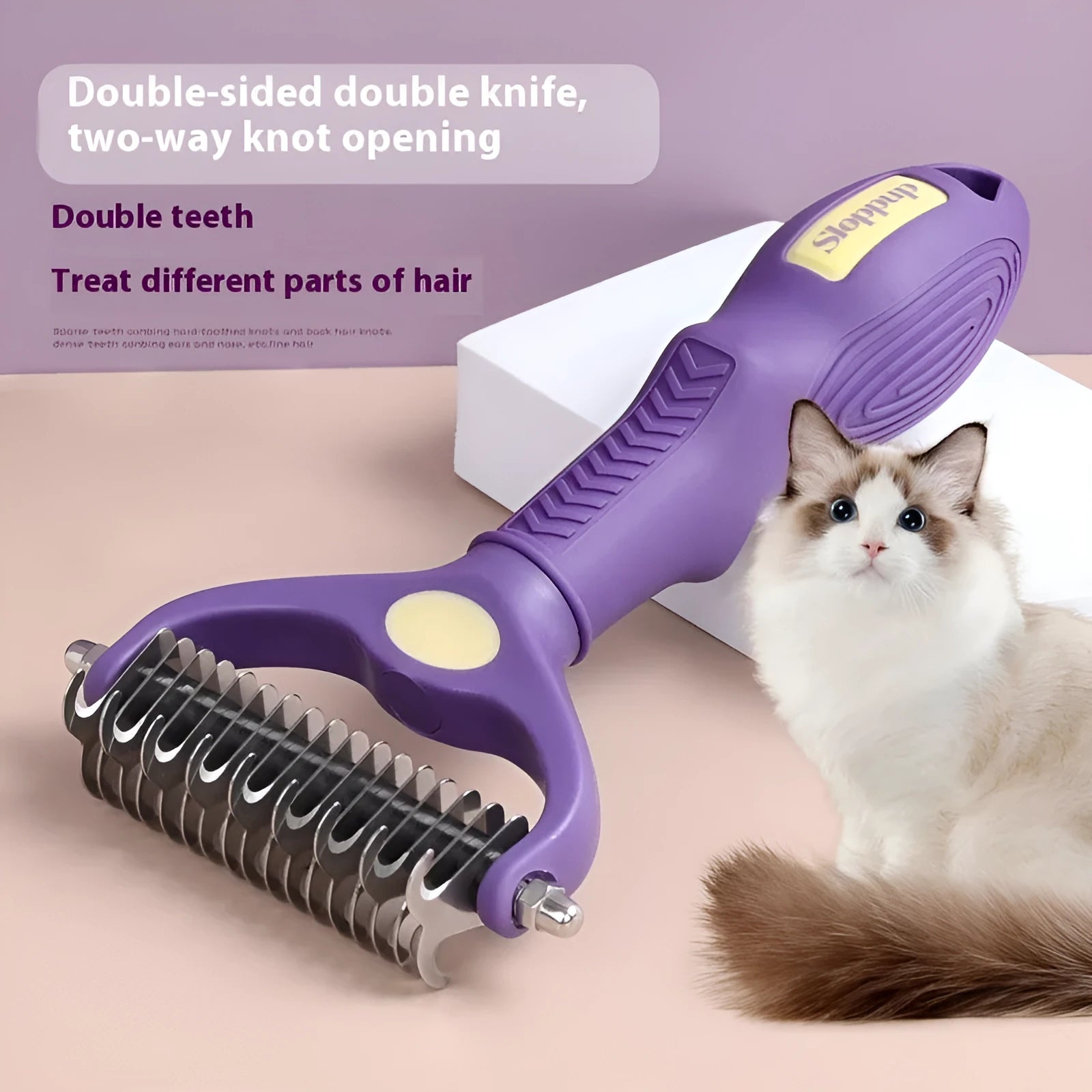 Purple plastic double-sided pet comb for removing knots from dog and cat fur
