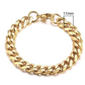 Six-sided geometric Cuban link metal bracelet in gold, black, and steel colour finishes.