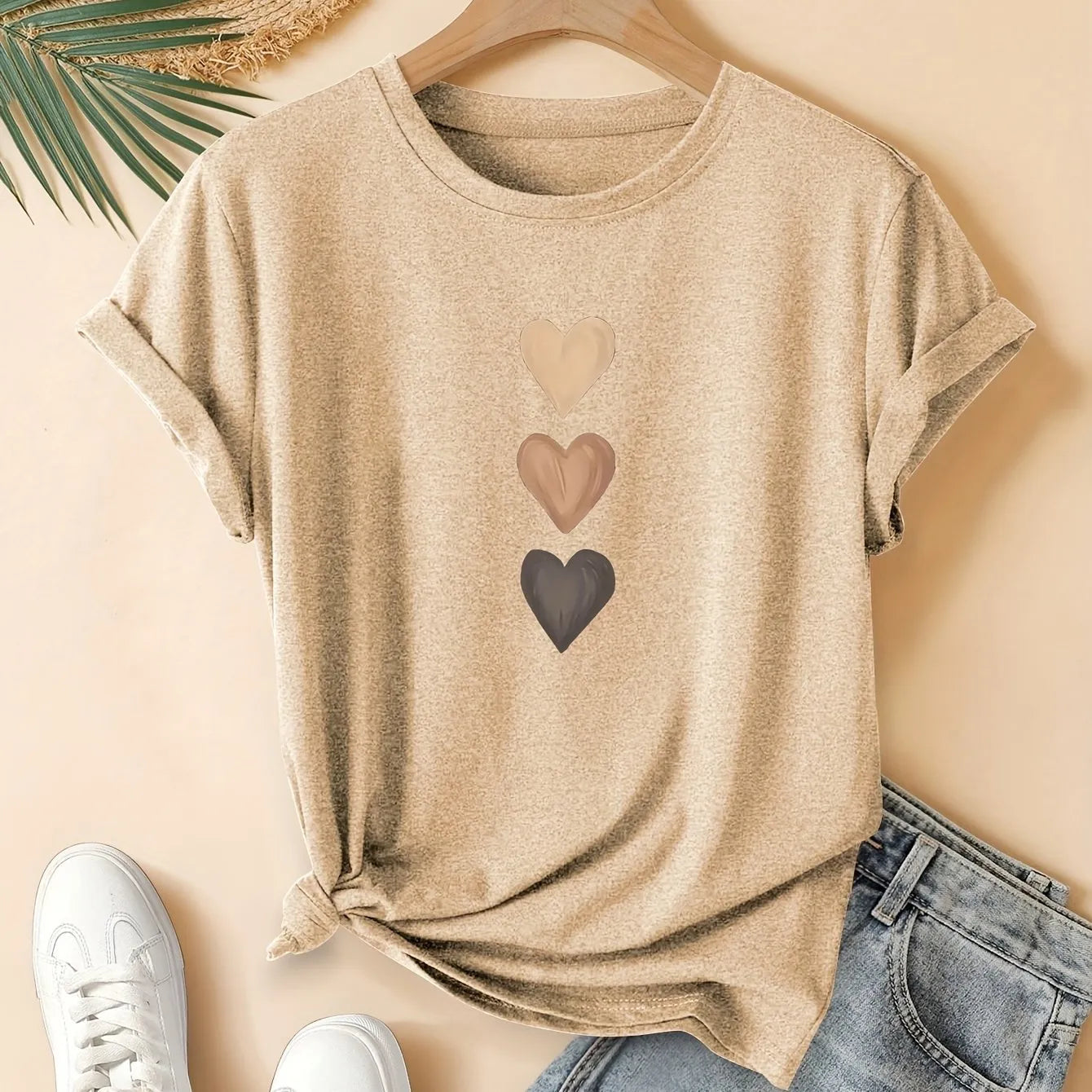 Women's art retro print cotton t-shirt in dark grey, showing short sleeves and round neck.