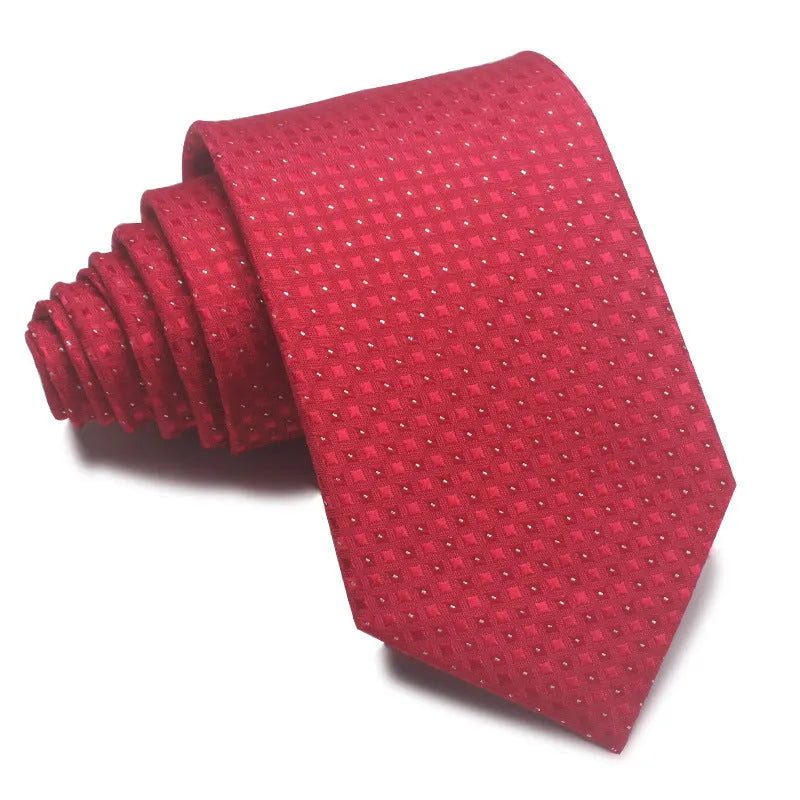 8CM wide polyester jacquard striped business tie in arrow style showing red, black, and blue colour options