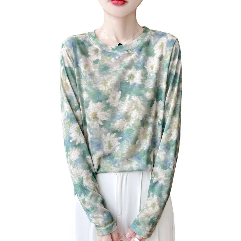 Women's round neck Tencel cotton pullover shirt with floral print, shown in a basic style with regular sleeves.