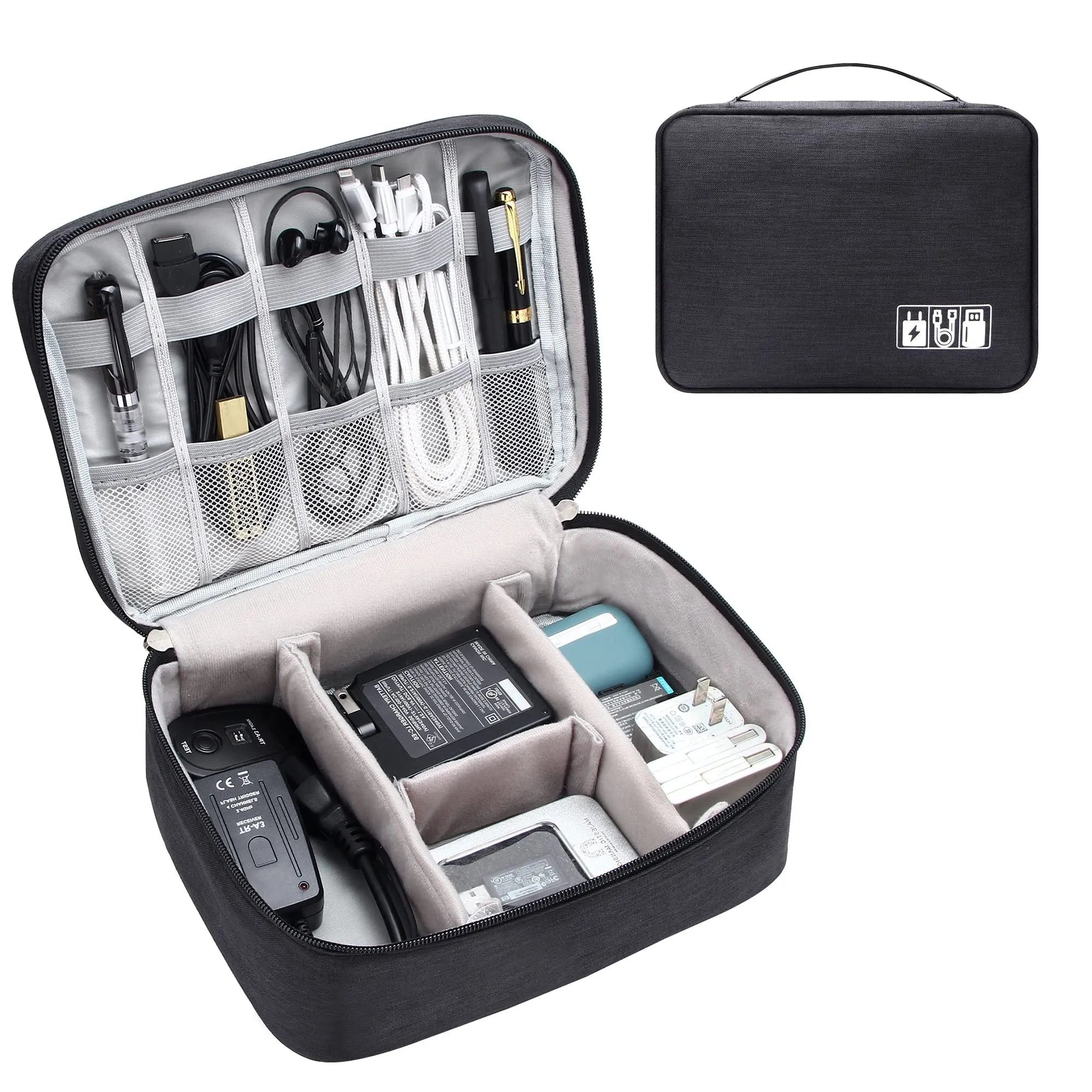 Black and grey waterproof electronics organiser bag open to show removable dividers and mesh pockets for cables.