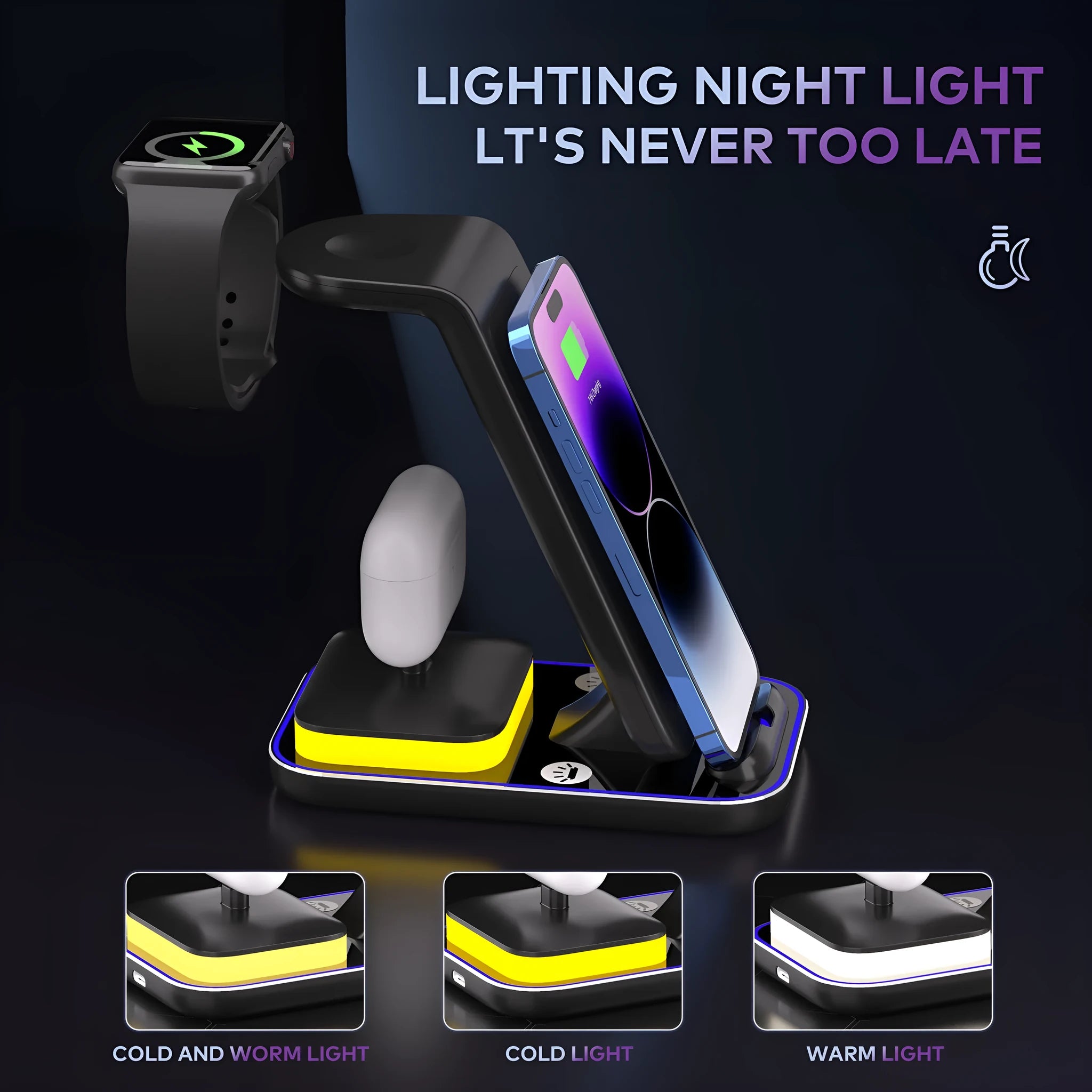 Black vertical wireless charging stand holding mobile phone upright while charging
