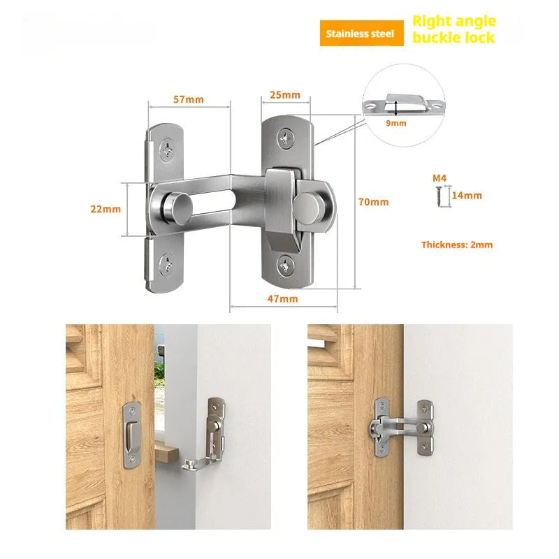 Heavy-duty stainless steel barn door hasp lock with flat shackle, shown at a 90-degree angle.