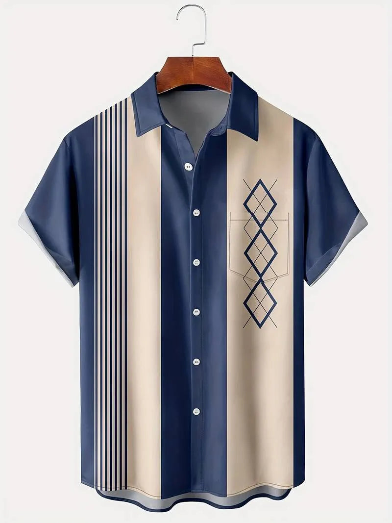 Man wearing a loose fit plaid short-sleeved shirt with a lapel collar.