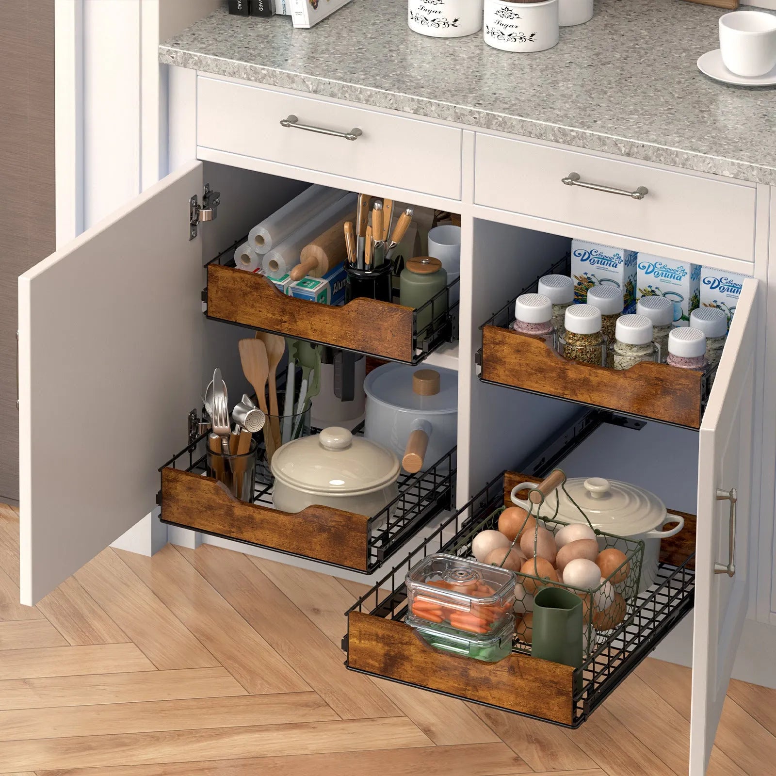 Black household storage basket drawer rack with wood and iron construction