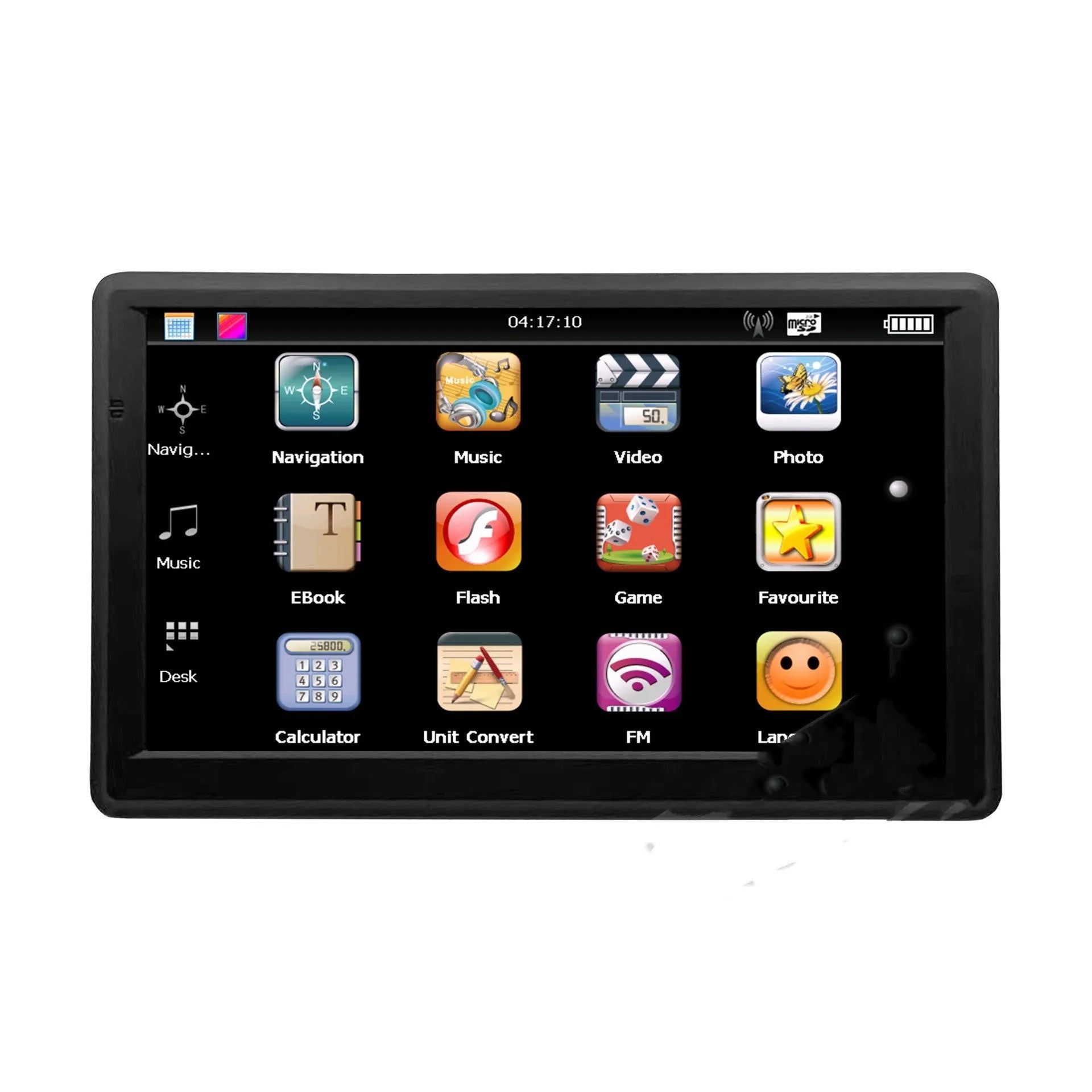 7 inch portable car GPS navigation device on a dashboard showing map display.
