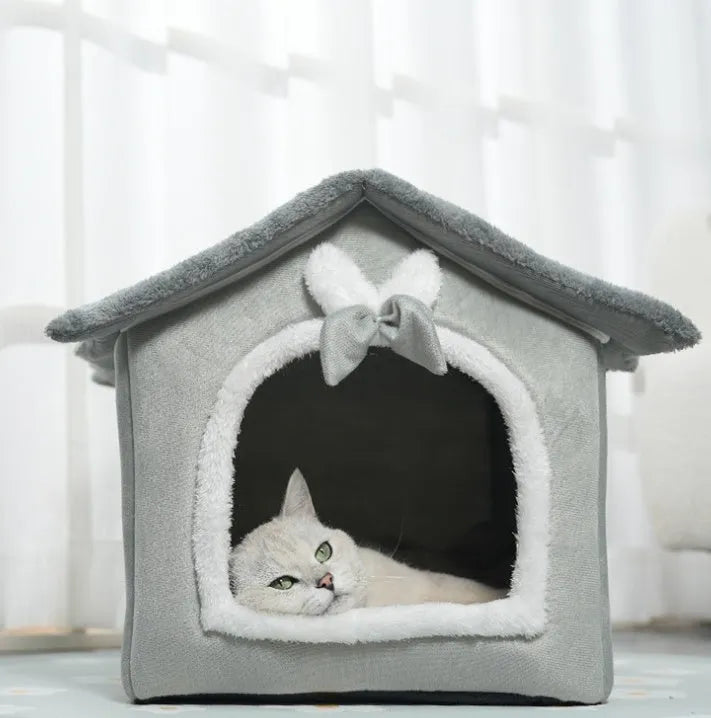 Small dog rabbit doghouse cathouse winter warm house type PP cotton bowknot design brown bear nest for cats