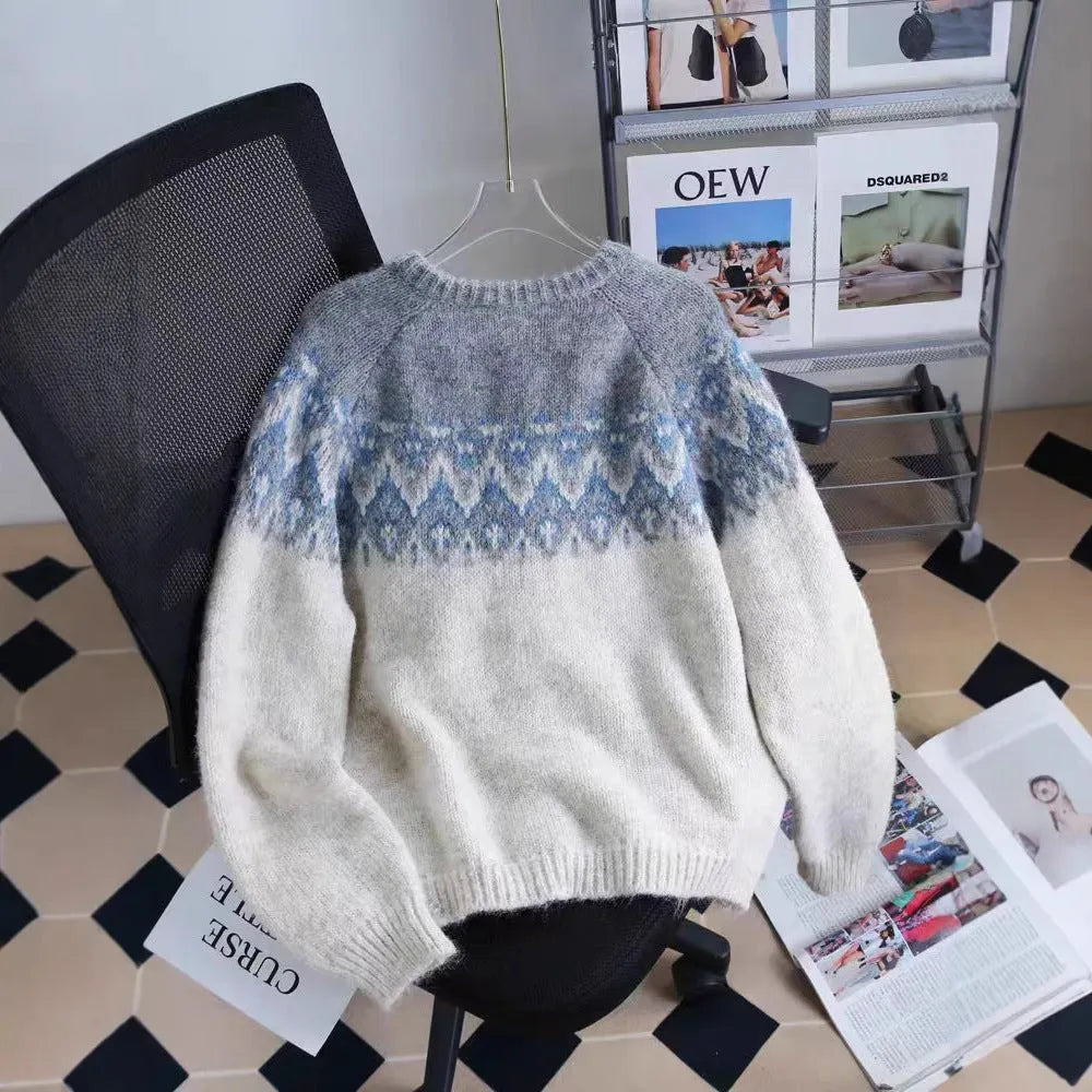 Women's Jacquard knit sweater coat with contrasting colours in loose fit