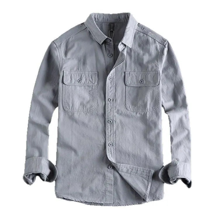 Man wearing loose fit long sleeve shirt overalls in cardigan style, made from polyester fabric
