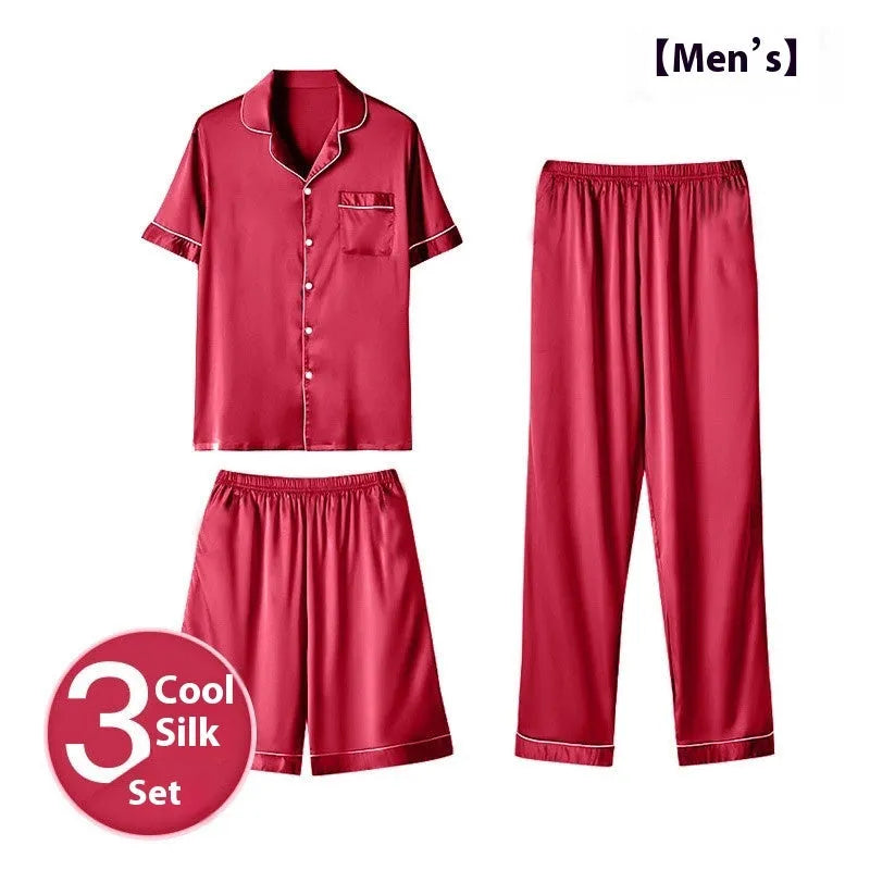 Men's ice silk three-piece homewear set in a choice of colours, showing top, shorts, and trousers.