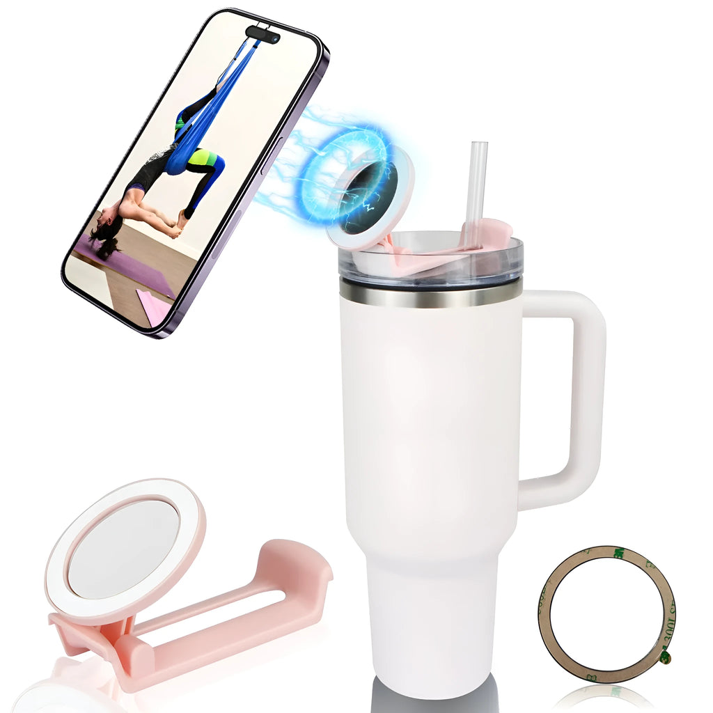 Magnetic plastic phone holder attached to a water cup showing hands-free viewing angle