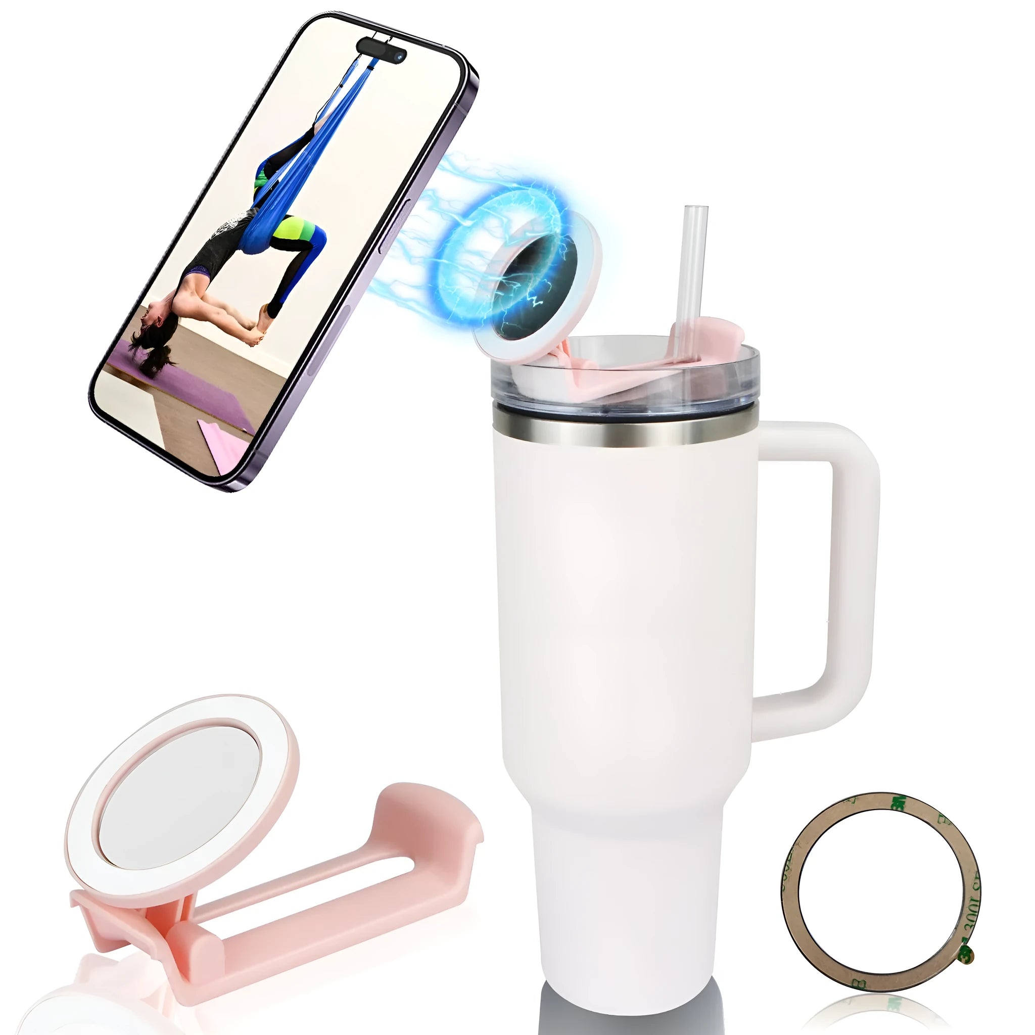 Magnetic plastic phone holder attached to a water cup showing hands-free viewing angle