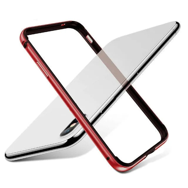 Red border silver frame metal phone case for iPhone 12 showing shockproof all-edge coverage