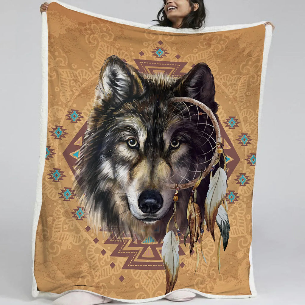 Brown sherpa fleece blanket with wolf head pattern, 150x200cm, on a couch