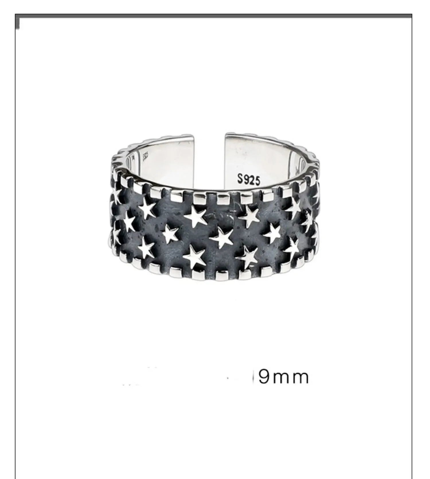 Adjustable sterling silver ring with geometric five-pointed star pattern on band