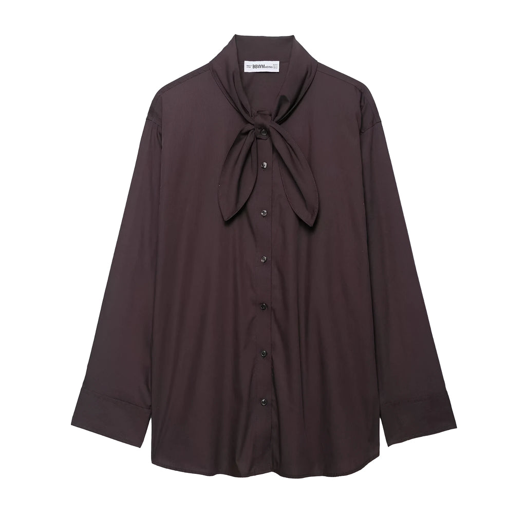 Brown women's poplin shirt with bow tie detail and long sleeves