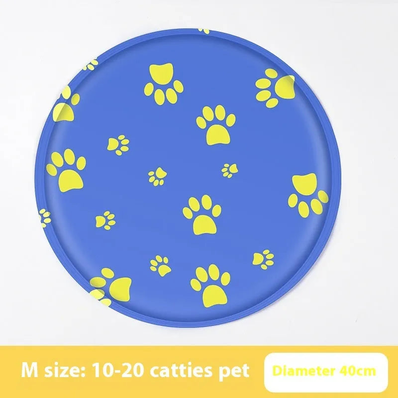Round cloth pet cooling mat with cartoon bunny design, shown in beige colour.