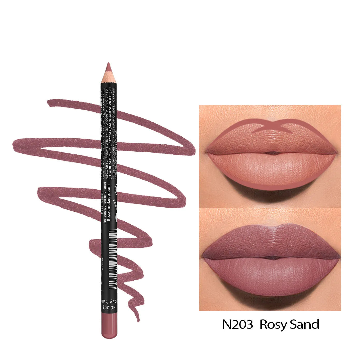 Matte lip liner pencil in a wooden tone shade from a set of 14 colours, shown on a hand.