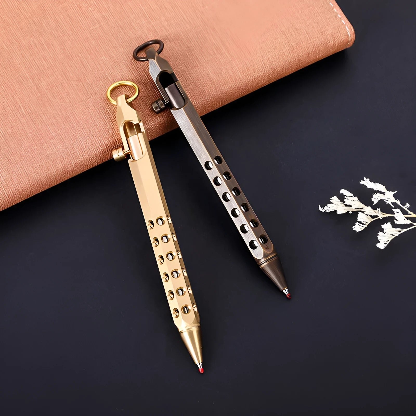 Brass hexagonal roller pen with 0.5mm tip showing six flat sides and retro design