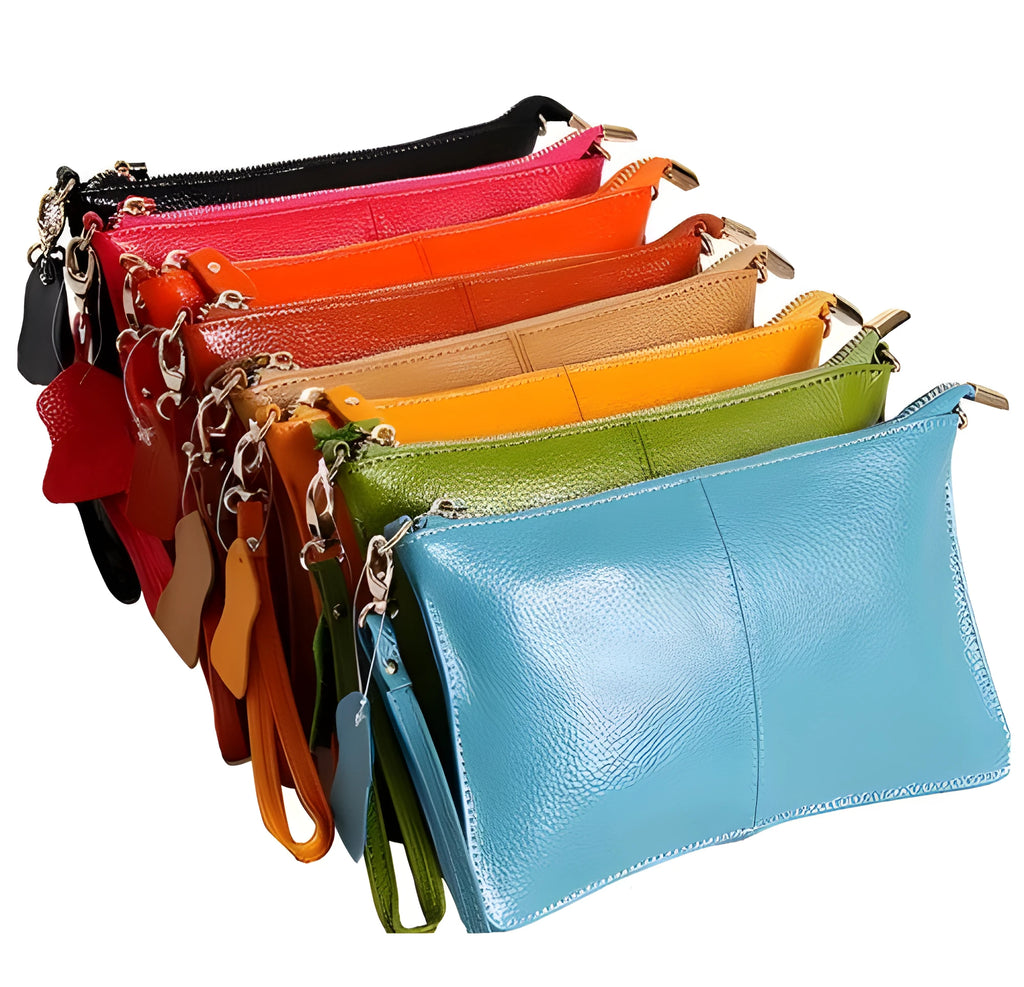 Structured cowhide leather lady slant bag showing front zipper compartment and dual strap options
