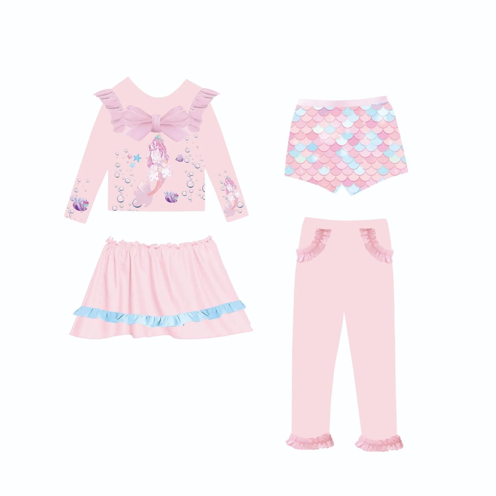 Girls' gilded mermaid swimsuit set with matching skirt and trousers in four colour options
